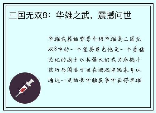 三国无双8：华雄之武，震撼问世